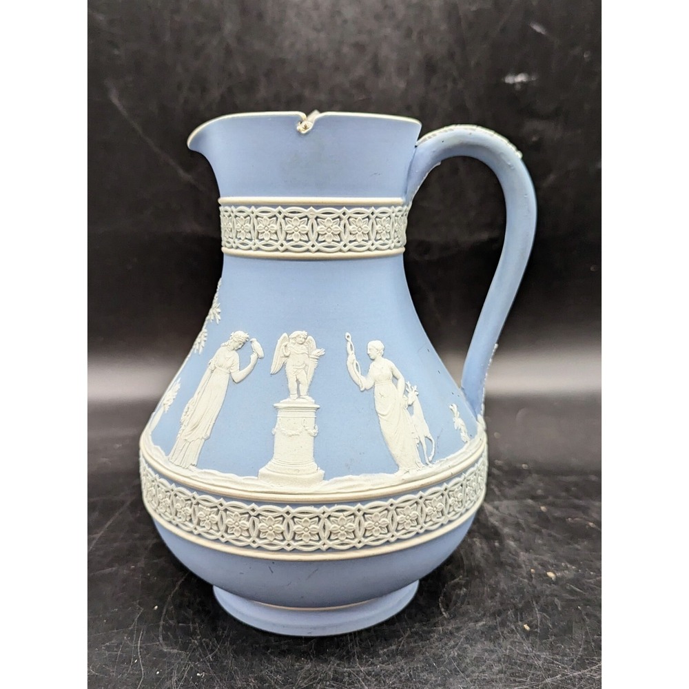 Antique Wedgwood Blue Jasperware Etruscan‎ Syrup Pitcher W/Lid England 7.25*